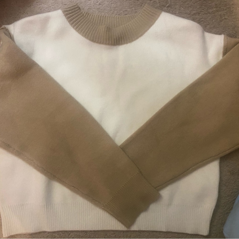 Wishlist Cream and Tan Colorblock Crewneck Sweater
